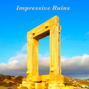 Album cover for impressive ruins featuring a blue sky backdrop and a tall stone ruin in the foreground